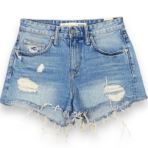 Lovers + Friends NWT Jack High Rise Distressed Denim Shorts Fairfax Blue Size 29 - Picture 2 of 8